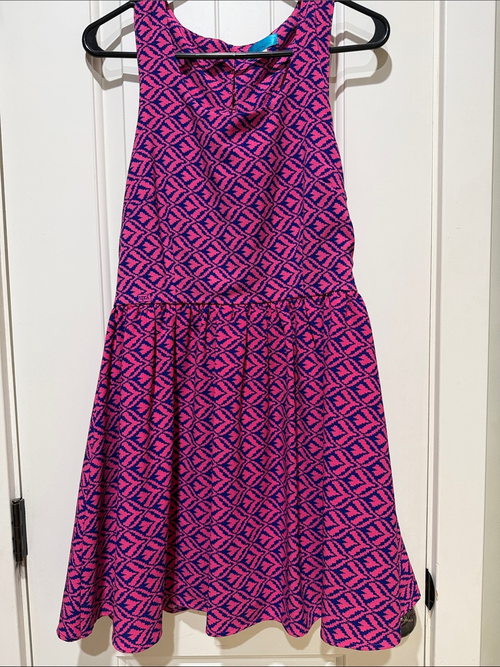Juniors/Womens Pink and blue Patterned Fit-and-Flare Dress. Mid thigh length